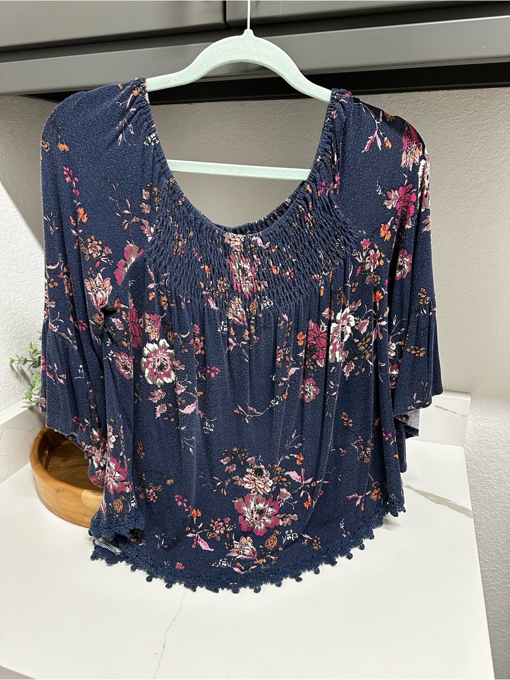 Navy Floral Smocked Scoop-Neck Blouse
